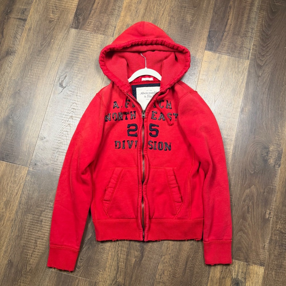 Abercrombie & Fitch Men's Red Distressed Fleece Full Zip Logo Hoodie Size M Y2K